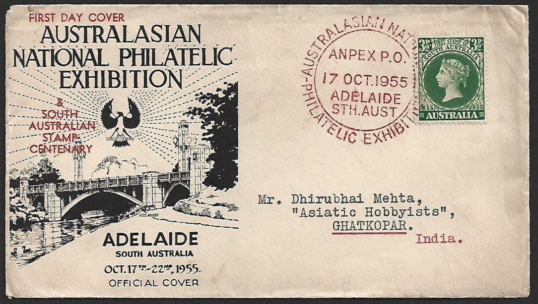 (AOP) Australia 1955 Australasian National Philatelic Exhibition cover to India