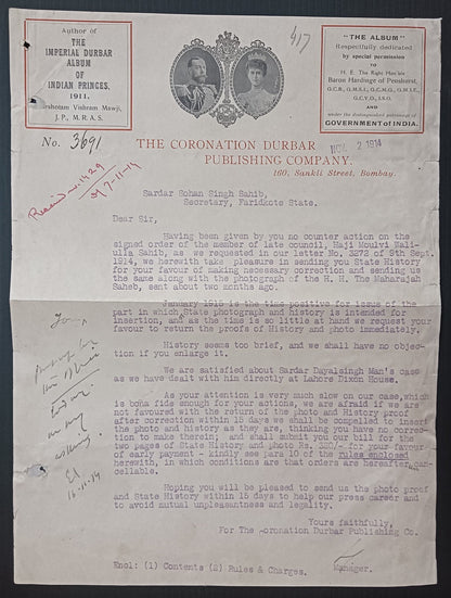 India 1914 THE CORONATION DURBAR PUBLISHING CO. illustrated letterhead
