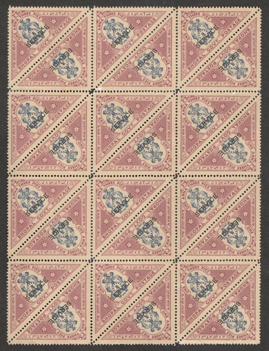 BHOPAL STATE India 1935-39 1a3p triangle MNH block of 24. SG O330 £84 for MH