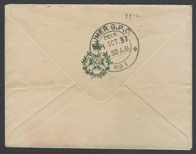 AOP India crested envelope Rajputana Rifles used 1937 to Ajmer