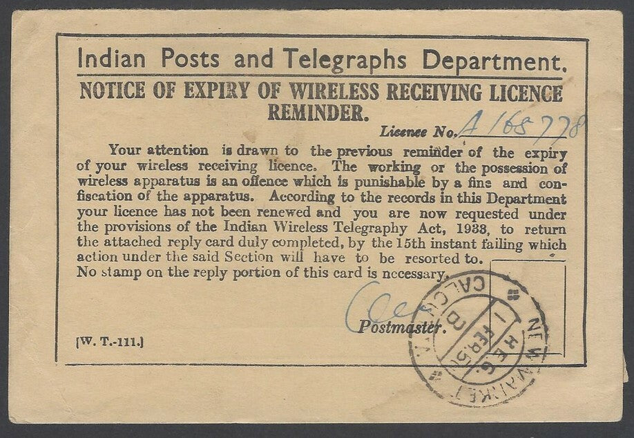 AOPIMT India 1951 Notice of Expiry of Wireless Receiving License