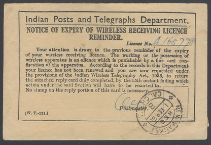 AOPIMT India 1951 Notice of Expiry of Wireless Receiving License