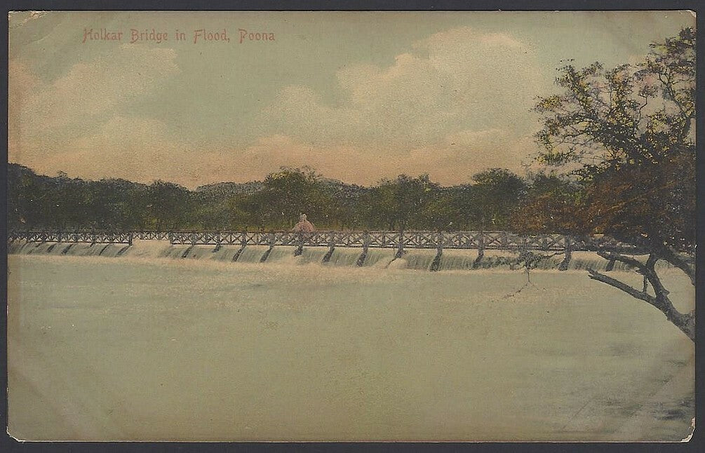 India Poona vintage tinted postcard Holkar Bridge in Flood