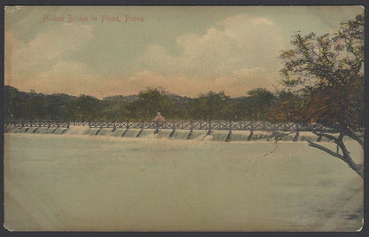 India Poona vintage tinted postcard Holkar Bridge in Flood