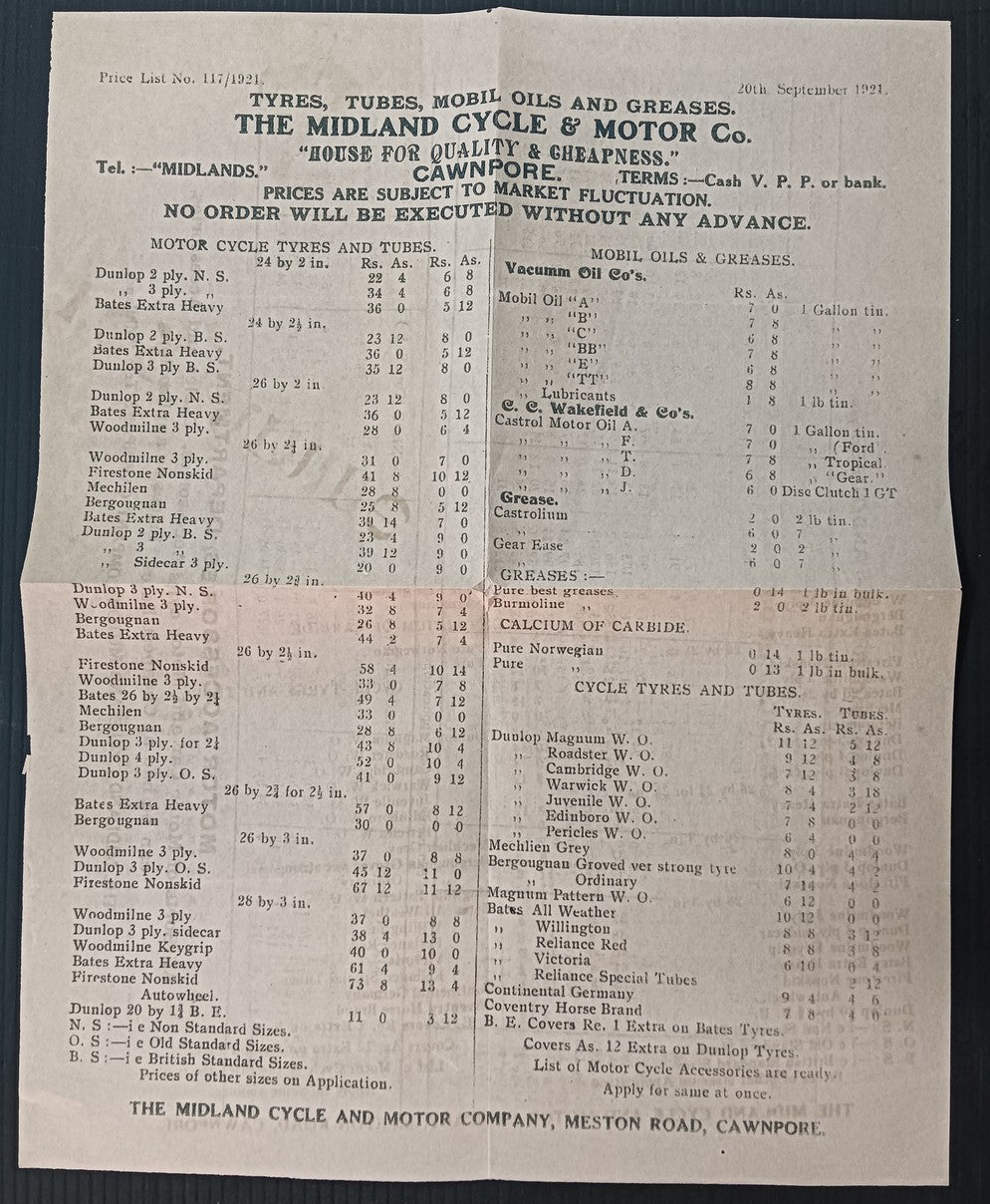 India THE MIDLAND CYCLE & MOTOR CO., Cawnpore Motor Tyres & Oils price list