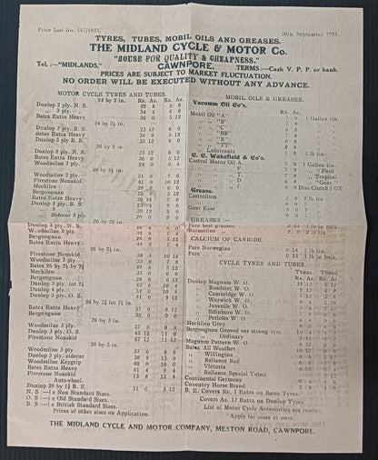 India THE MIDLAND CYCLE & MOTOR CO., Cawnpore Motor Tyres & Oils price list