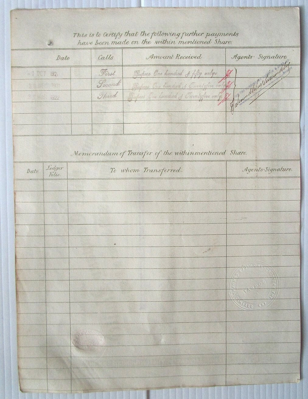 India Kastoorchund Mills Company Ltd. 1921 share certificate No - 8927