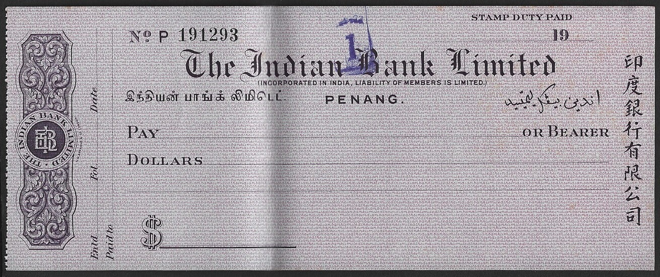 Malaya Indian Overseas Bank, Kuala Lumpur 1940 check cheque