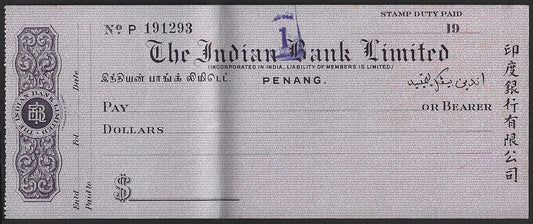 Malaya Indian Overseas Bank, Kuala Lumpur 1940 check cheque