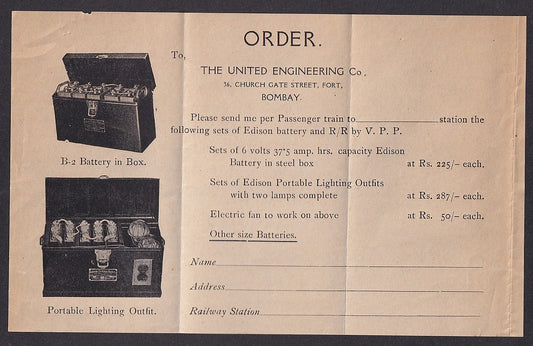 India vintage illustrated Order Form for EDISON BATTERIES & PORTABLE LIGHTING
