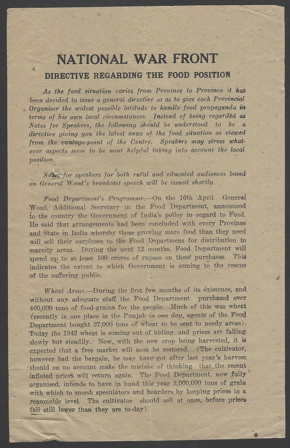 India 1943 WW2 National War Front Propaganda Leaflet The Food Position