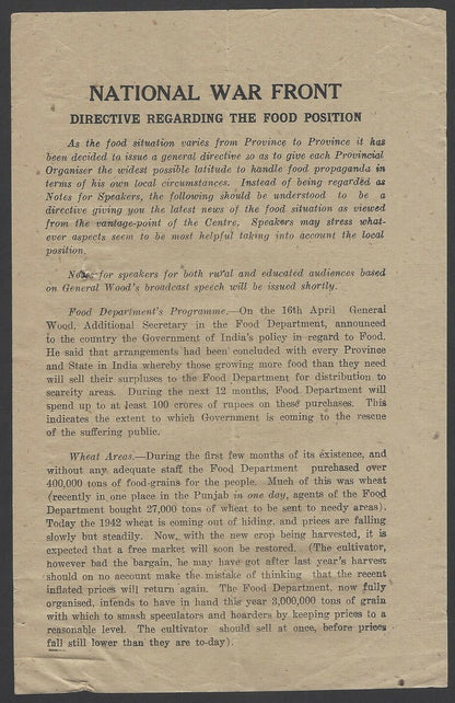 India 1943 WW2 National War Front Propaganda Leaflet The Food Position
