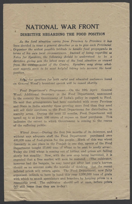 India 1943 WW2 National War Front Propaganda Leaflet The Food Position