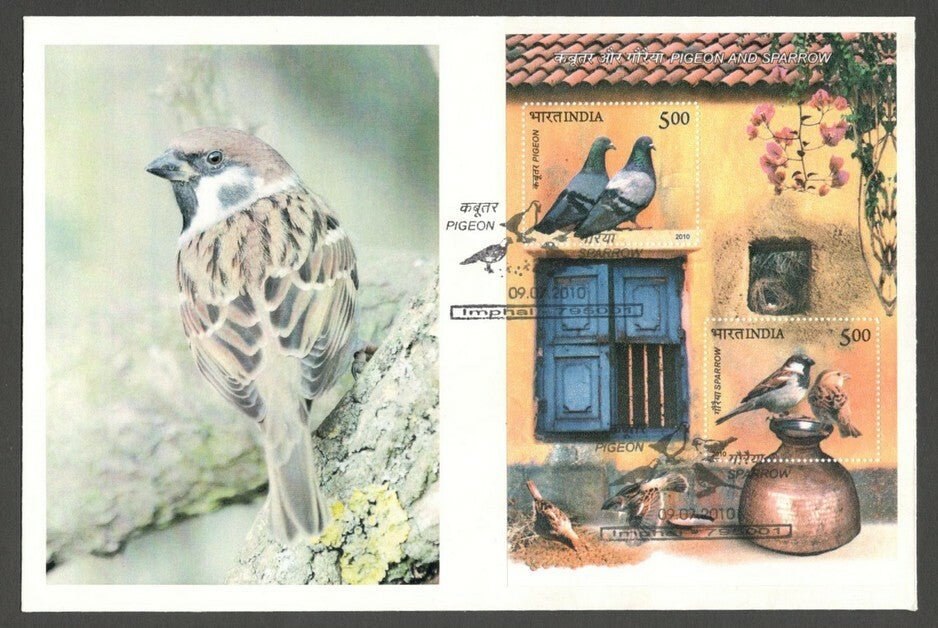 AOP India 2010 Birds Pigeon & Sparrow MS on FDC First Day cover