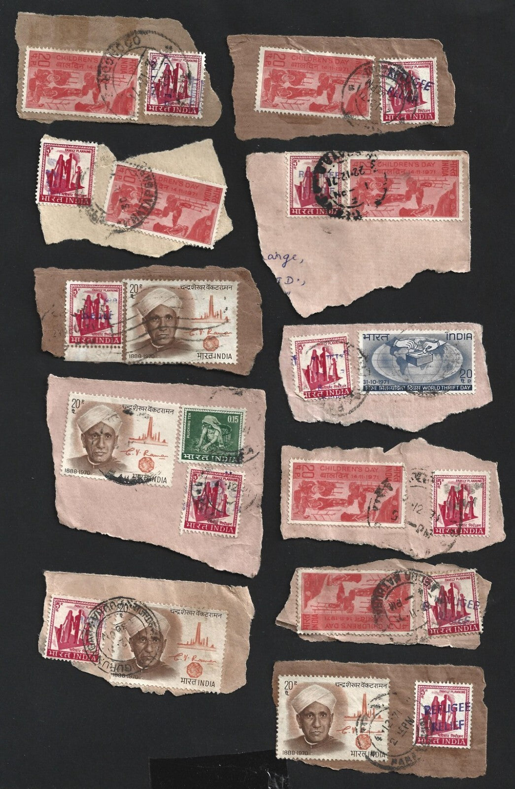 India 1971 Refugee Relief rubberstamp ovpts on pieces 19 pic LARGE COLLECTION