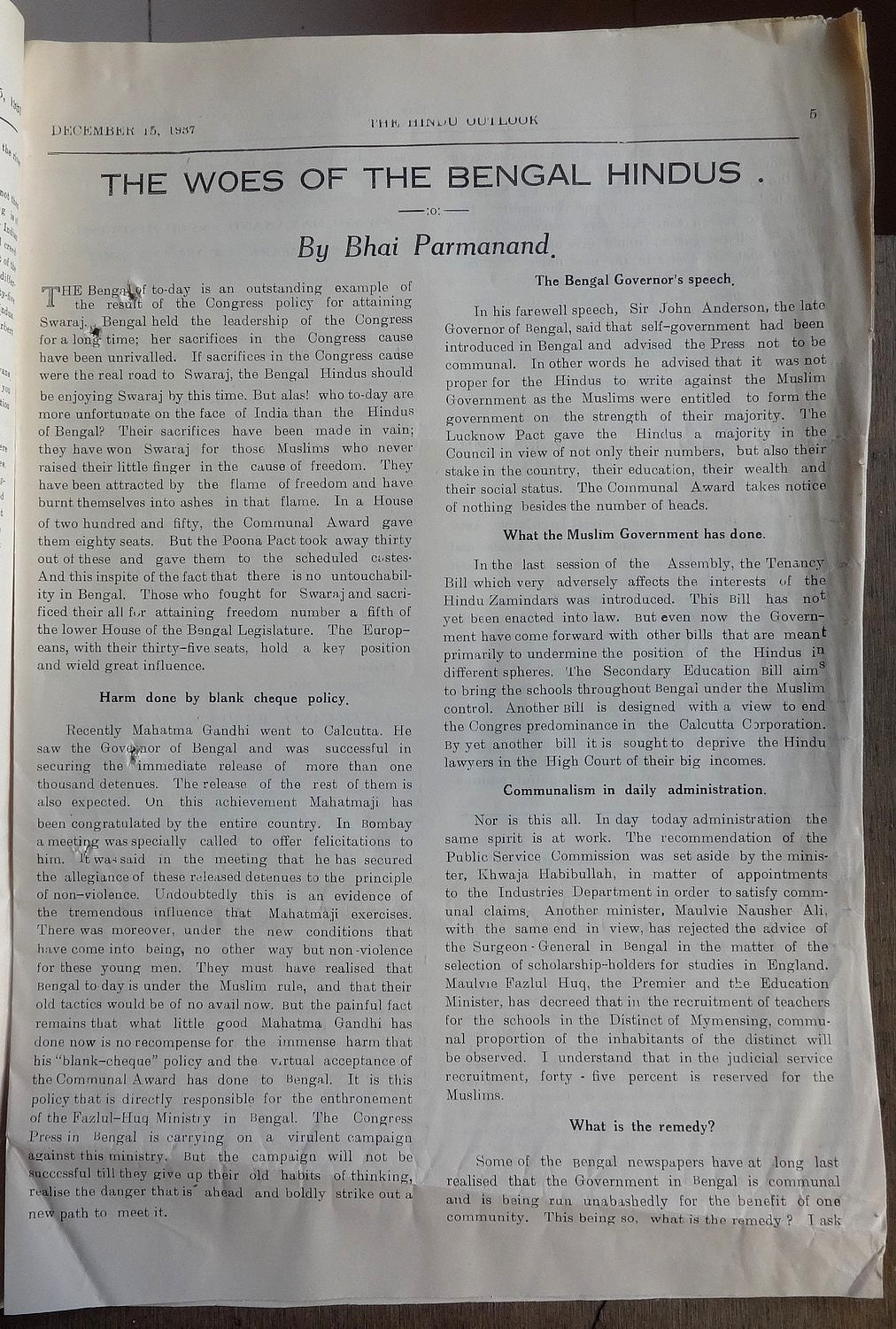 The Hindu Outlook weekly newpaper of the Hindu Mahasabha 1937 India 16pgs