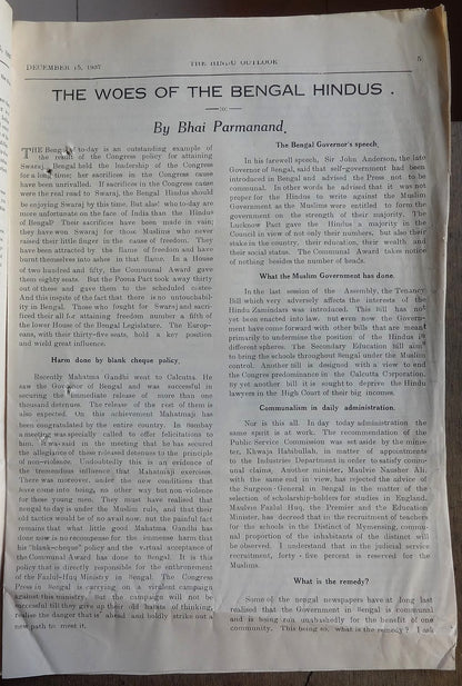 The Hindu Outlook weekly newpaper of the Hindu Mahasabha 1937 India 16pgs