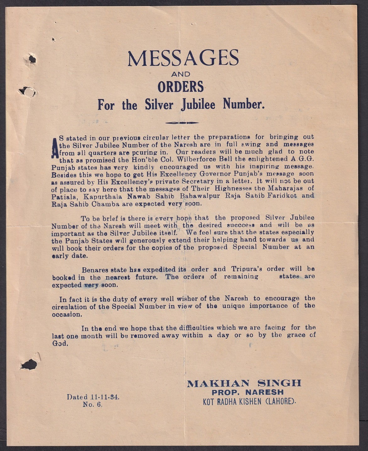 India ORDERS FOR THE SILVER JUBILEE NUMBER (magazine)