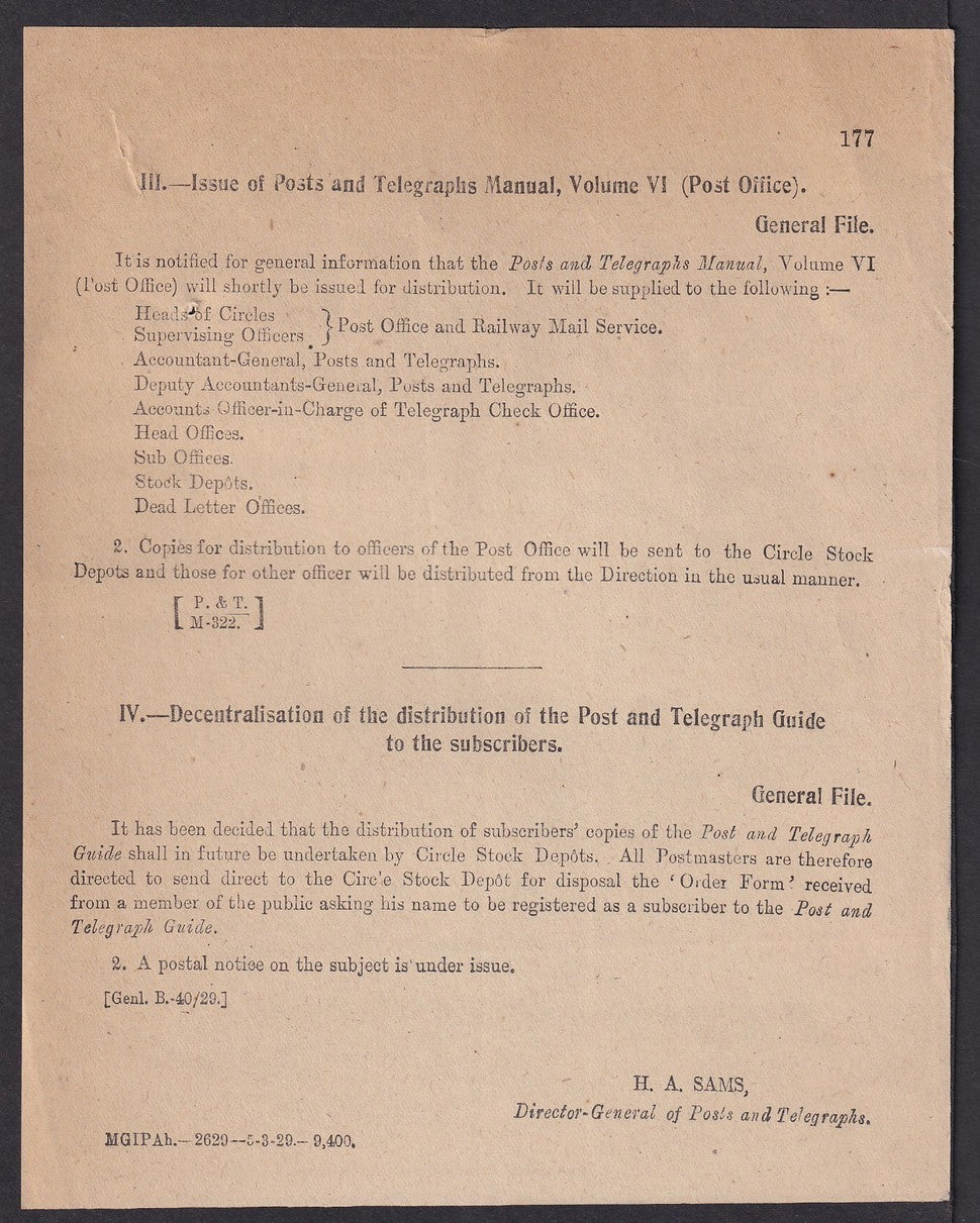 India 1931 DG'S POSTAL CIRCULAR Multiple topics