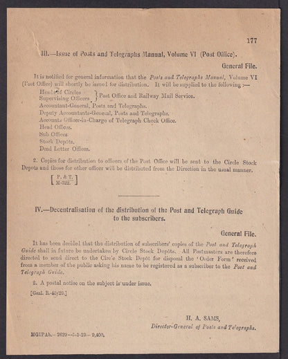 India 1931 DG'S POSTAL CIRCULAR Multiple topics