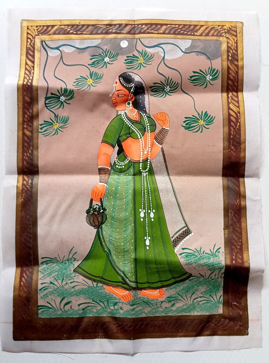 India vintage hand painting on cloth INDIAN GIRL 9 x 12 inches