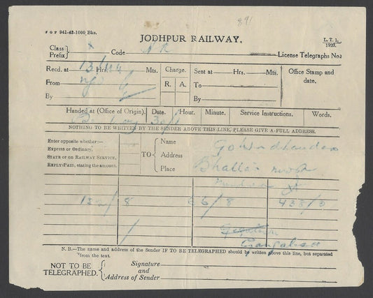 AOP India Jodhpur Railway telegram 