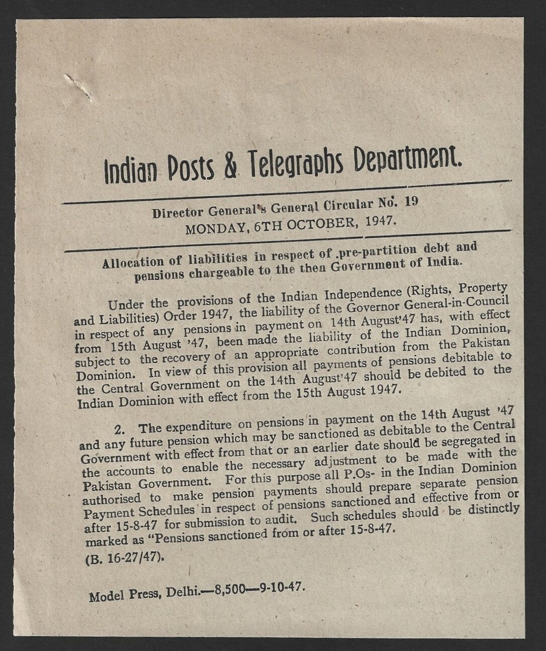 India POSTAL CIRCULAR #19 6 Oct 1947 Liability Allocation of Pre-Partition debt