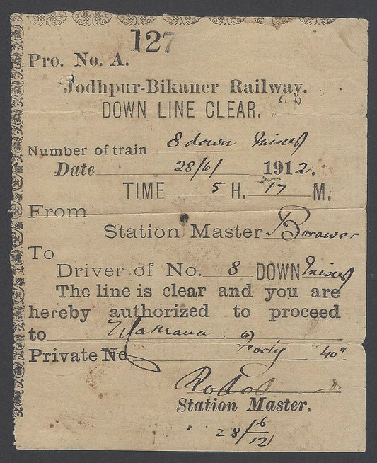 AOPIMT India 1912 Jodhpur-Bikaner Railway DOWN LINE CLEAR AUTHORISATION 