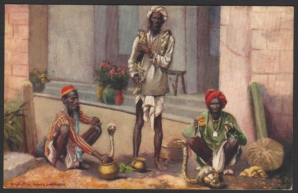 India Calcutta Snake Charmers vintage Oilette postcard