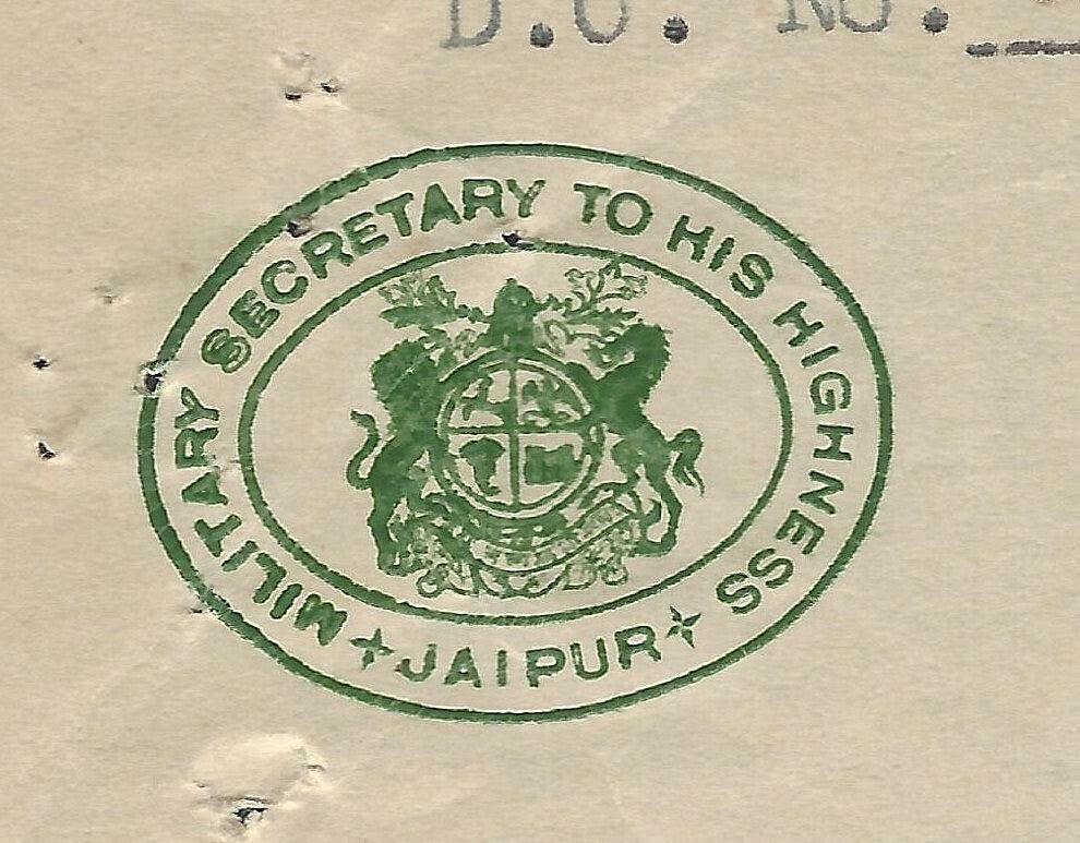 India 1947 crested letterhead MILITARY SECRETARY TO HIS HIGHNESS JAIPUR