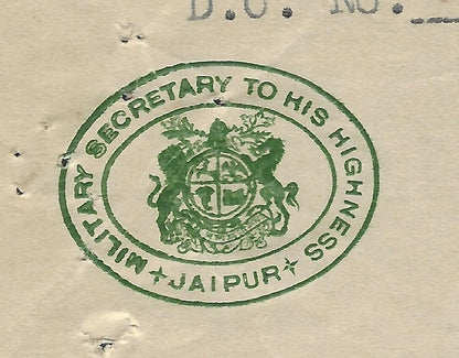 India 1947 crested letterhead MILITARY SECRETARY TO HIS HIGHNESS JAIPUR