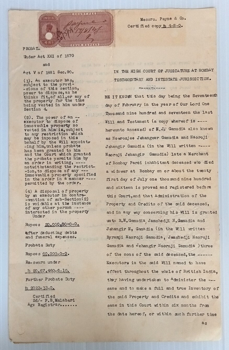 AOP India 1917 3 pages Probate with KGV Court Fee 4R