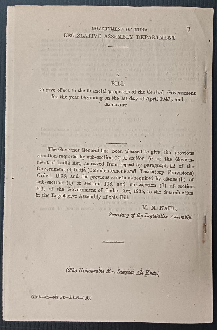 India 1947 ABOLITION OF SALT TAX etc. BILL (to be indroduced) - 10 pages