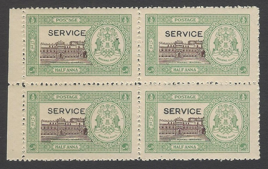 India Bhopal State 1936-49 1/2a Moti Mahal block of 4 black border SG O336 £2.80