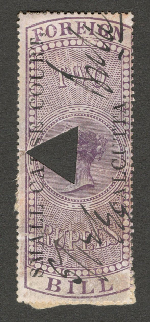 AOP India 1868 SMALL CAUSE COURT CALCUTTA ovpt on Foreign Bill 2R used. Bft 28