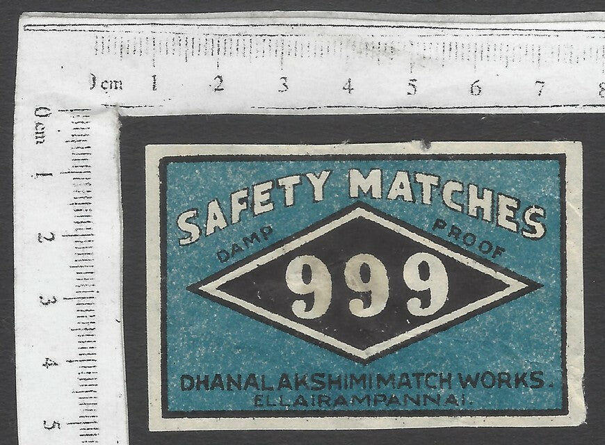 AOP India vintage matchbox label 999 Dhanal Akshimi Match Works