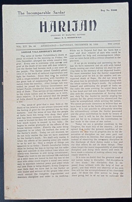 India HARIJAN 30-12-1950 SARDAR VALLABHAI PATEL mourning issue