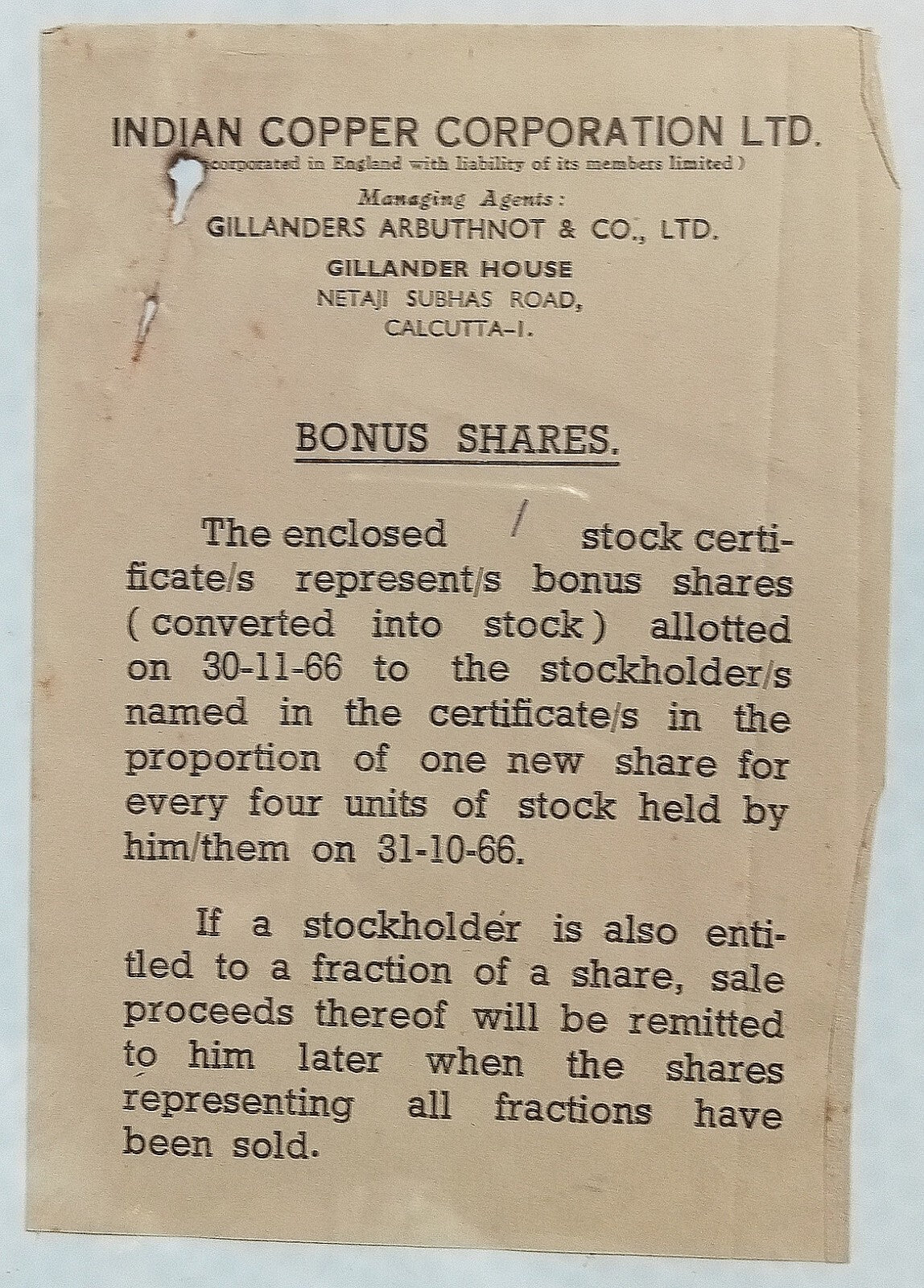 India INDIAN COPPER CORPORATION 1966 share certificate