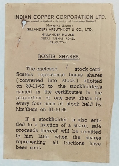 India INDIAN COPPER CORPORATION 1966 share certificate