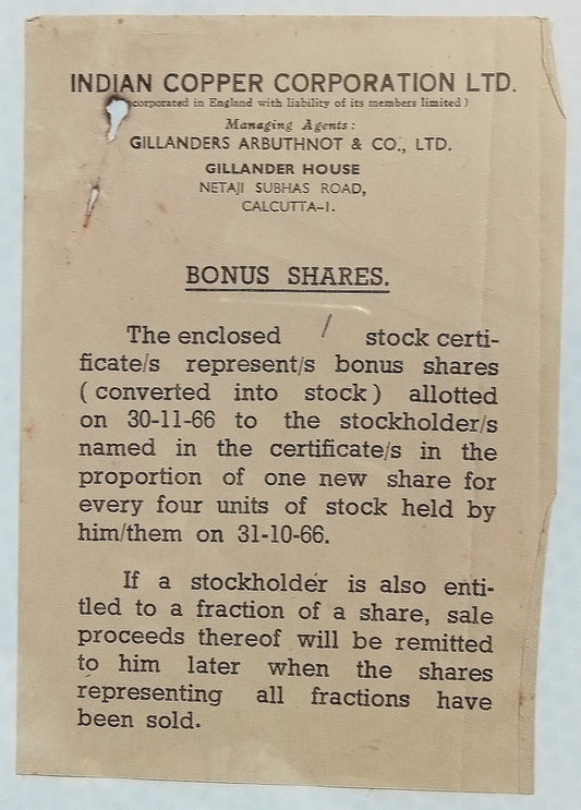 India INDIAN COPPER CORPORATION 1966 share certificate