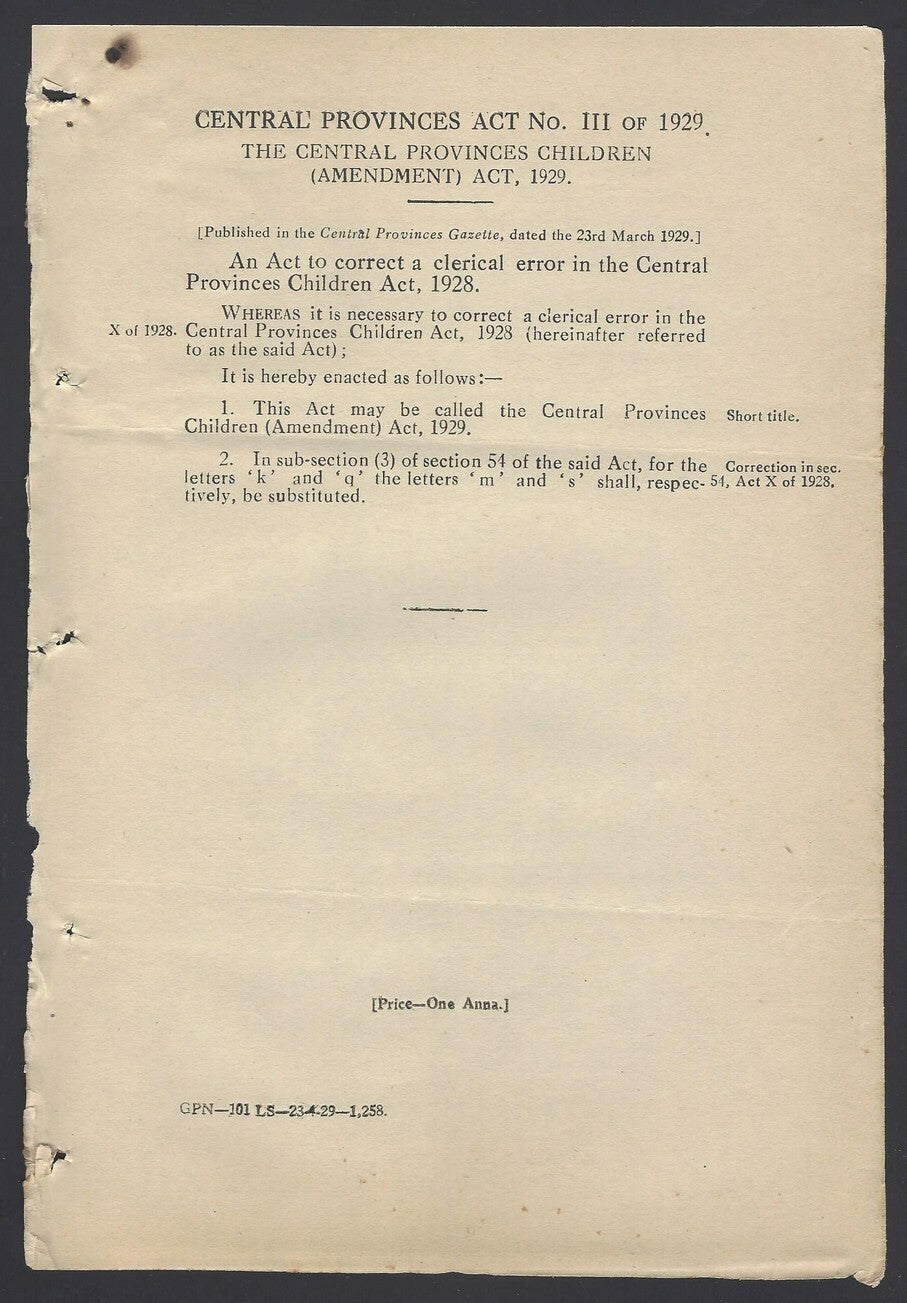 India 1929 Central Provinces Juvenile Smoking Act + 3 others