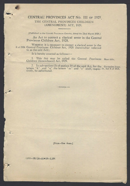 India 1929 Central Provinces Juvenile Smoking Act + 3 others