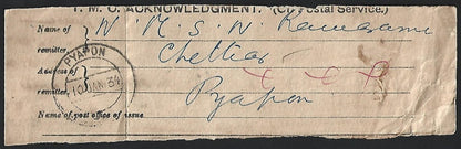 India 1933 TMO Telegraphic Money Order Acknowledgement