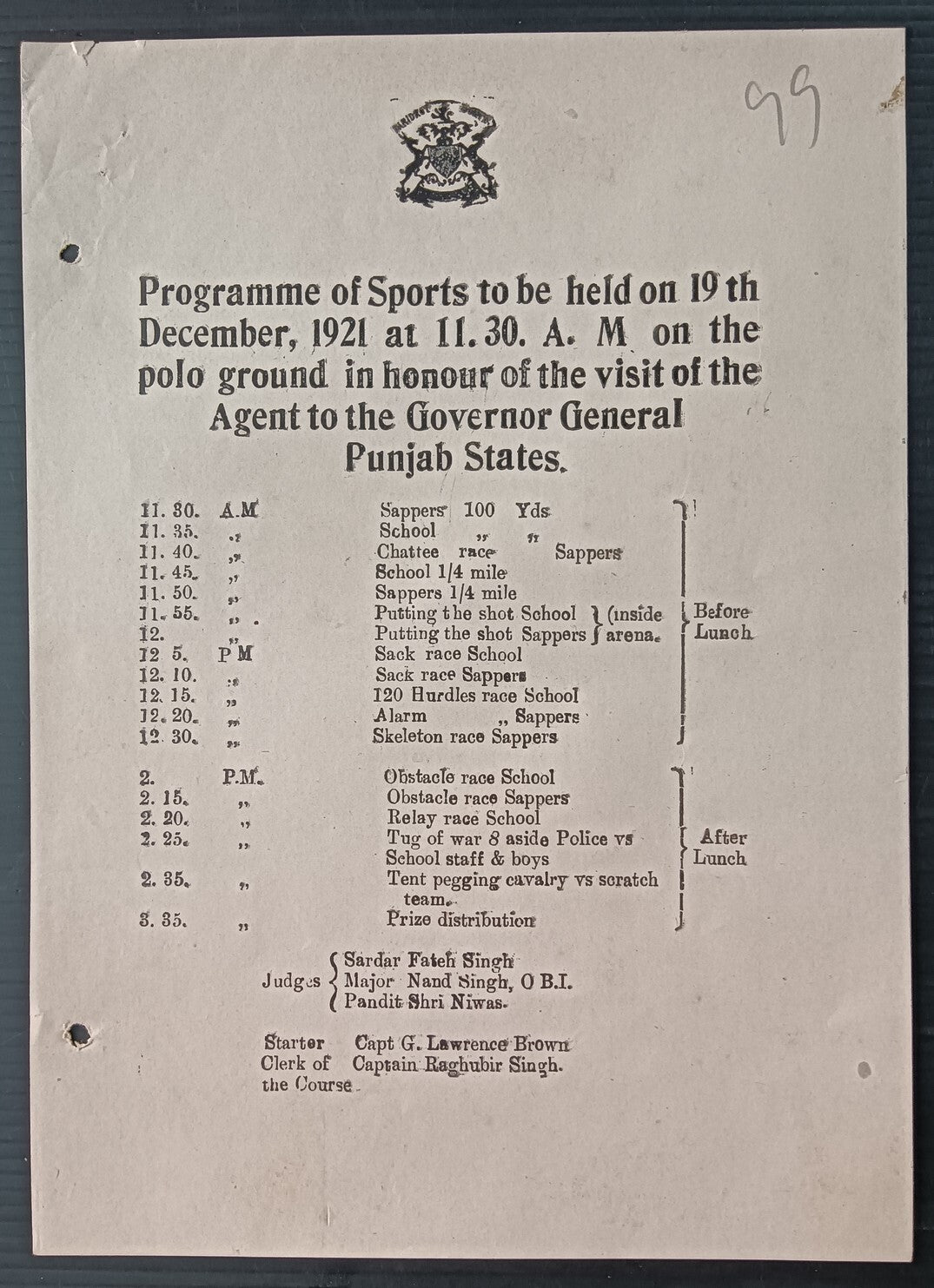 India 1921 Sports Programme leaflet with FARIDKOT STATE Arms