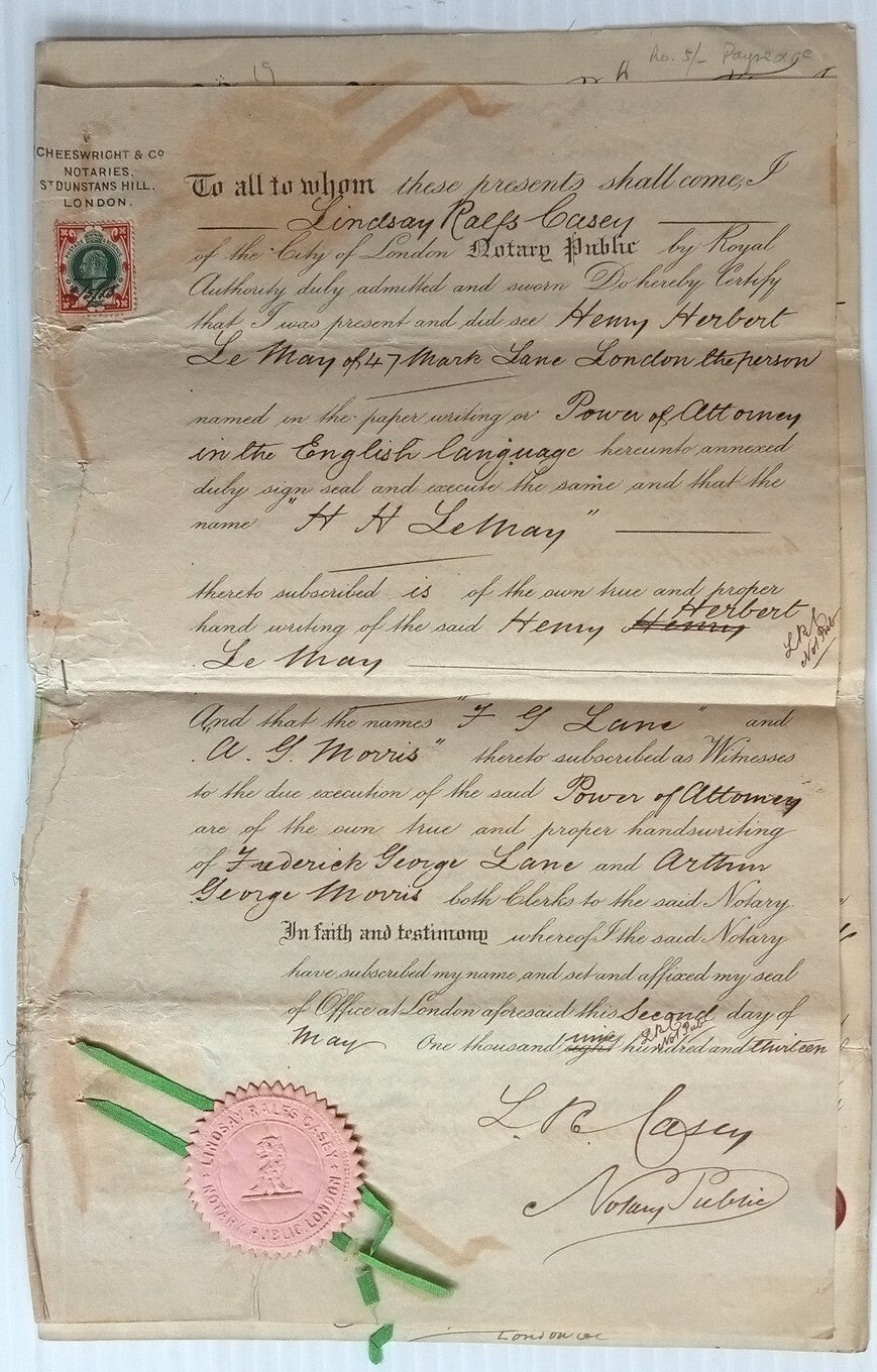 India GB 1913 document with GB KEdVII 1sh postage & India 5R Special Adhesive