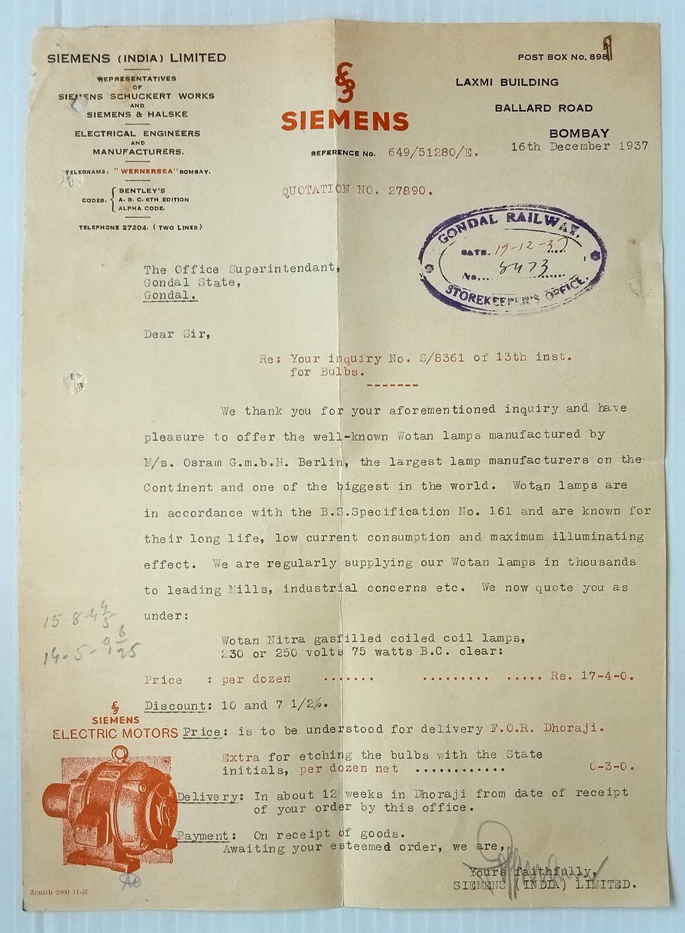 AOP Siemens Electronic Motors Bombay 1937 illustrated letterhead India	