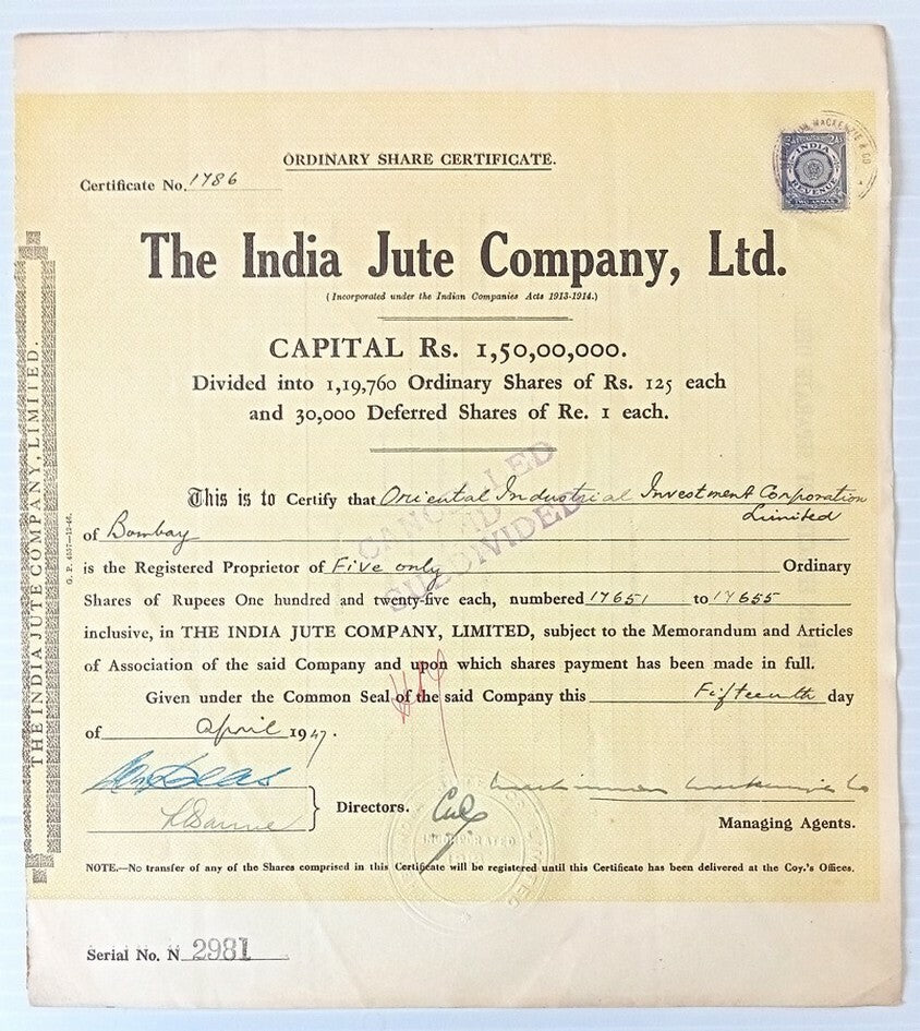 AOP India The India Jute Co. Ltd. share certificate