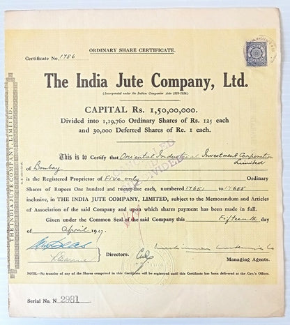 AOP India The India Jute Co. Ltd. share certificate