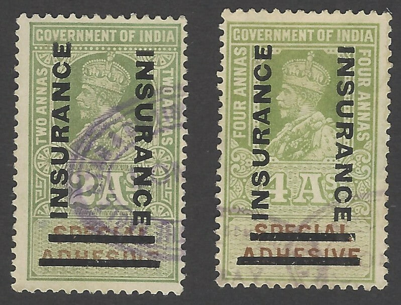 India KGV Insurance provisional 2a & 4a overprinted on Special Adhesive