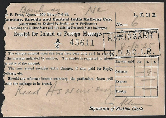 India 1935 Railway Telegraph receipt - BB&CI Bombay, Baroda & Central India